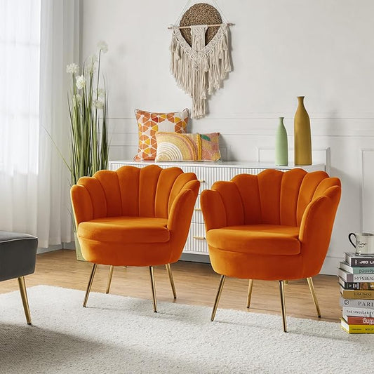 HULALA HOME Modern Velvet Accent Chairs Set of 2 with Shell Shaped Back, Cute Living Room Bedroom Armchairs with Gold Legs, Comfy Upholstered Vanity Chairs for Makeup Room, Orange