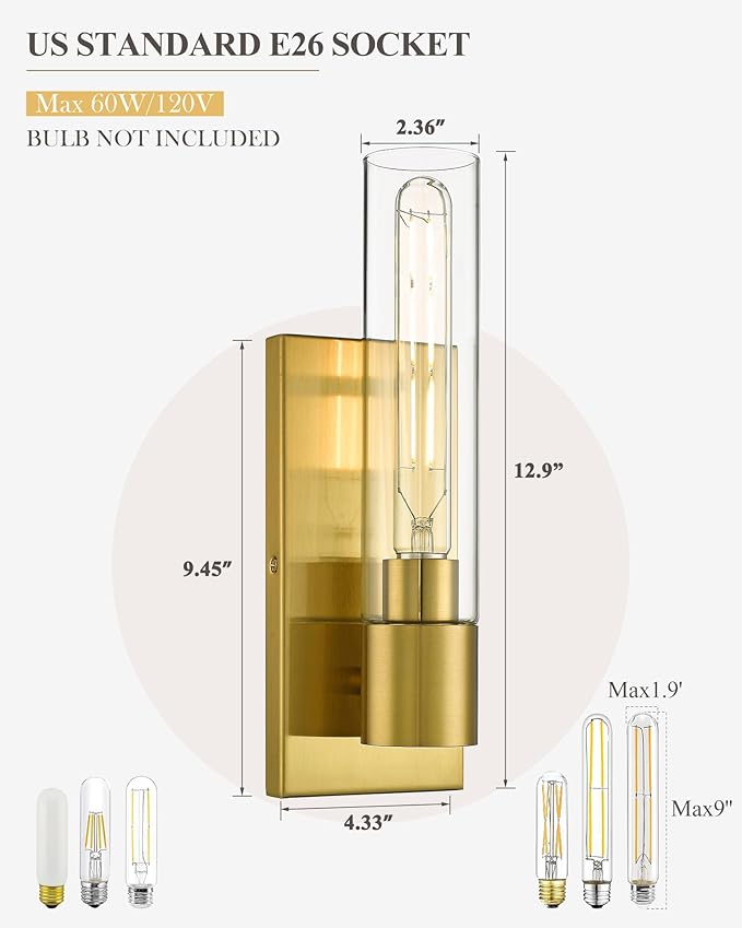 1-Light Bathroom Vanity Light, HWH Modern Sconce Wall Lighting with Cylinder Clear Glass Shade, Vanity Wall Sconce in Brushed Gold Finish for Bedroom Kitchen Powder Room, 5HY104B BG