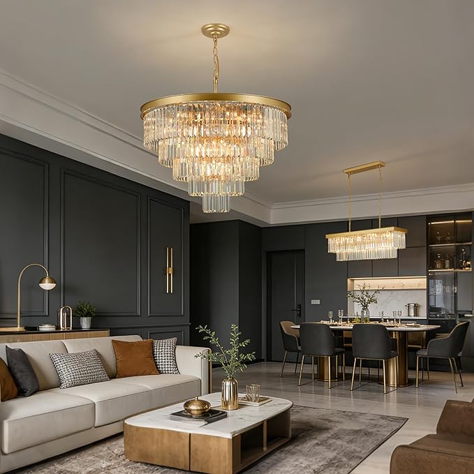 Crystal Chandeliers for Dining Room Lights Fixture Over Table, 20 Lights Gold Modern Chandeliers for Living Room, 5-Tier Round Crystal Lighting Fixtures for Bedroom Entryway Kitchen Island D30 Inch