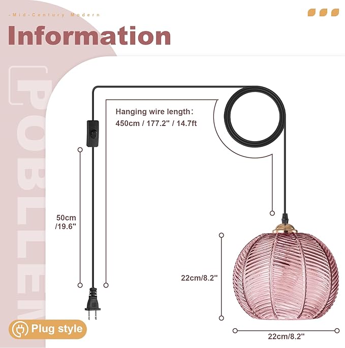 Pink Hanging Lamp Plug in Glass Chandelier Hanging Plug in Pendant Light Fixture with Ribbed Globe Shade Vintage Hanging Swag Lamps for Living Room Bedroom Dining Room Kitchen