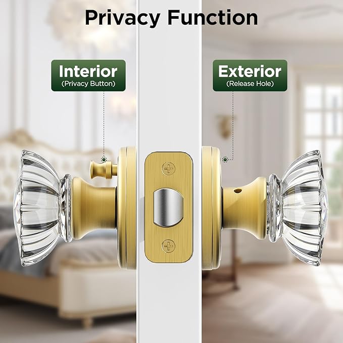 1 Pack Crystal Door Knob, Rosette Shaped Glass Door Knobs Interior with Lock, Satin Brass Door Knobs Interior Glass