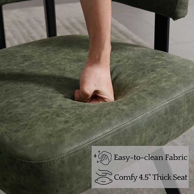 LukeAlon PU Leather Dining Chairs Set of 2, Upholstered Armchair with Padded Barrel Back Modern Guest Chair Side Chairs with Armrests Black Metal Legs for Kitchen Dining Room, Vintage Green