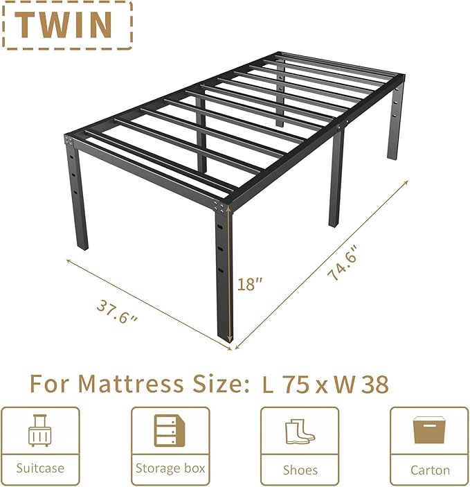 18 Inch Metal Twin Bed Frame No Box Spring Needed - Easy Assembly Heavy Duty Noise Free Narrow Bedframes - Single Black Basic Steel Slats Platform with Storage