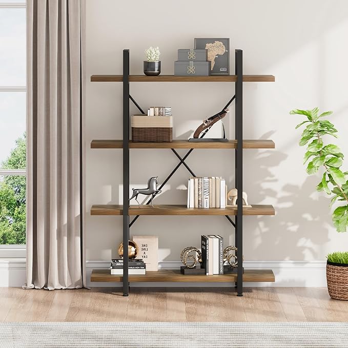 HSH Industrial 4 Tier Bookshelf, Modern Metal and Wood 4 Shelf Bookcase Etagere, Farmhouse Open Wide Display Storage Bookshelves and Bookcases Heavy Duty for Bedroom Living Room Office, Rustic Oak