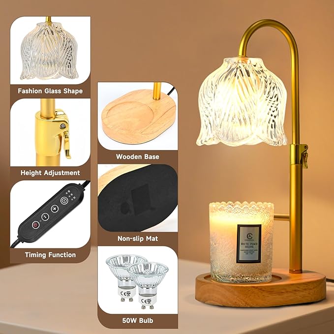 Candle Warmer Lamp with Timer, Birthday Gifts for Women Mom, Height Adjustable Wax Melts Warmer, White Elephant Gifts, Dimmable Candle Warmer for Jar Candles with 2 Bulbs