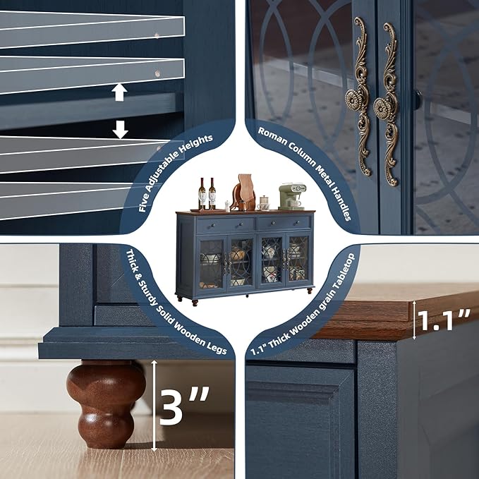 Large Sideboard Buffet Cabinet Set of 2 with Storage,59" Credenza with 4 Glass Doors & 2 Drawers,Adjustable Shelves Coffee Bar,Wood Kitchen Console Table for Dining Room,Blue