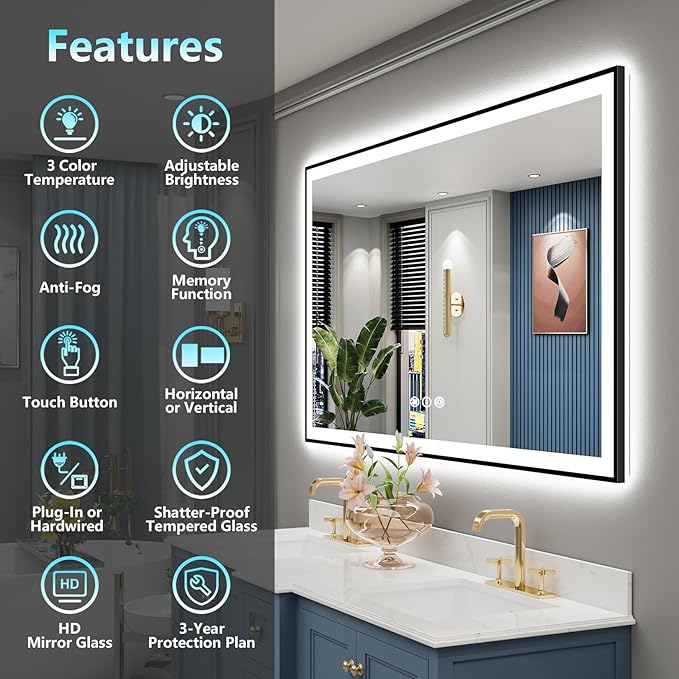 60x36 Black Framed LED Bathroom Mirror with Lights, Backlit and Front Lit Anti-Fog Lighted Vanity Mirror for Bathroom Wall, 3 Colors, Dimmable, Memory, Shatter-Proof, HD Tempered Glass