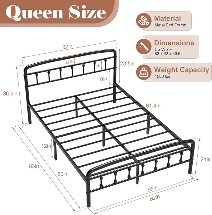 Queen Platform Bed Frame with Headboard, No Squeak & 1500lbs Heavy Duty Support | Queen Bed Frame No Box Spring Needed| Tool-Free 20-Min Assembly, No Box Spring Needed, Underbed Storage
