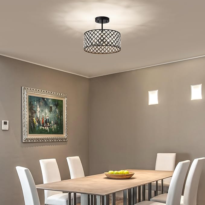 Black Crystal Ceiling Light Fixture,Modern Semi Flush Mount Ceiling Lighting Fixture,Round Small Chandelier for Dining Room, Hallway, Entryway, Kitchen, Bedroom,Foyer,3 Light,12 inch