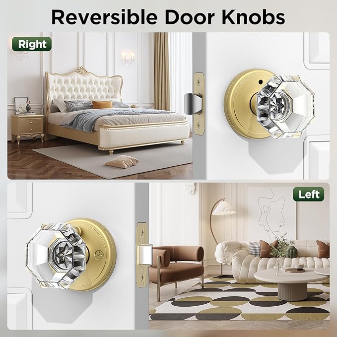 1 Pack Crystal Door Knob, Octagon Shaped Glass Door Knobs Interior with Lock, Satin Brass Door Knobs Interior Glass