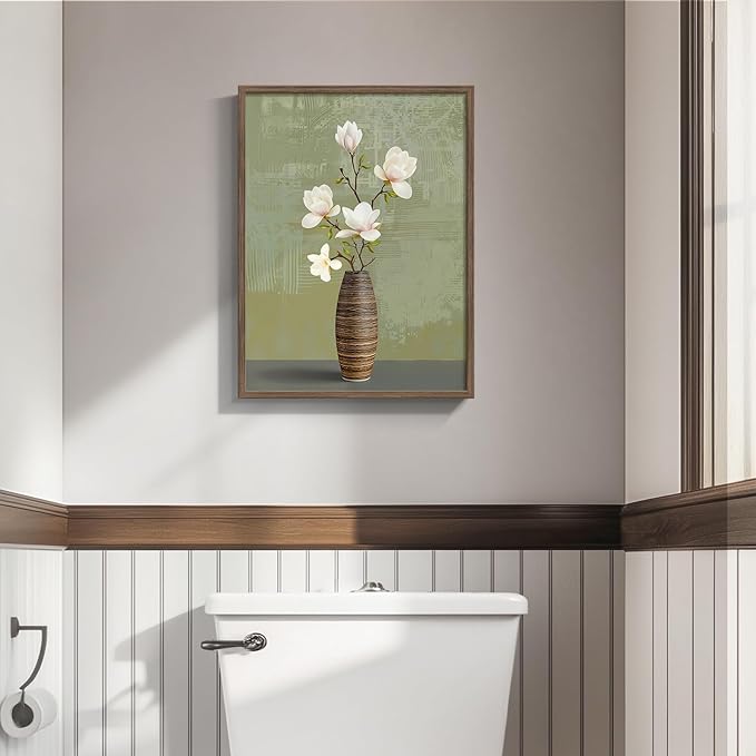 Framed Bathroom Floral Picture Wall Decor, Rustic Botanical Canvas Painting Print for Farmhouse Bathroom, Neutral Elegant Magnolia Green and White Flower Artwork for Bedroom Kitchen Home Decor, 12x16