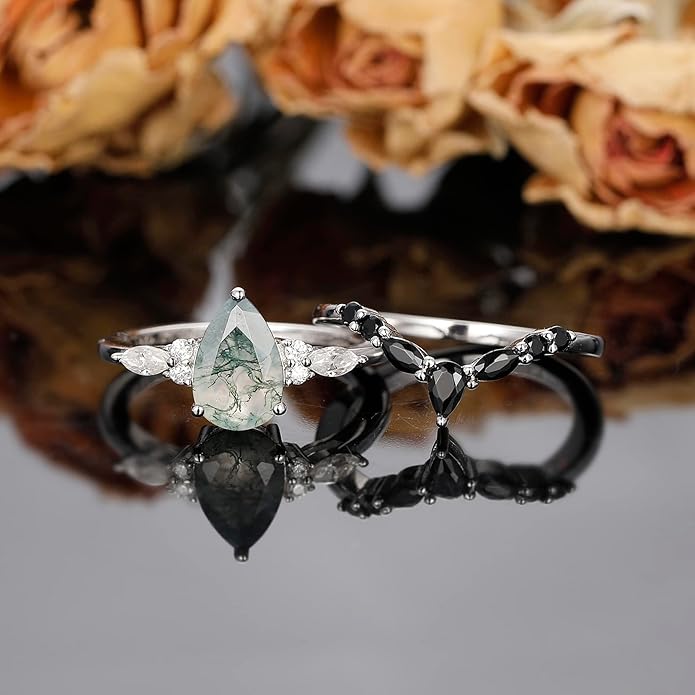Black Gold Plated Natural Moss Agate Bridal Wedding Ring Sets for Women, 925 Sterling Silver Gothic Vintage Promise Rings and Eternity Black Spinel Band for Her - Boho Art Deco Platinum Plated Engagement Rings Size 4-9