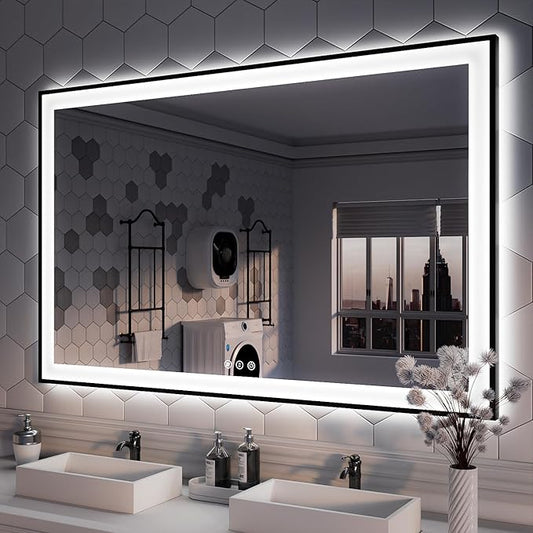 ISKM Framed LED Mirror for Bathroom 55"x36", Dimmable LED Bathroom Mirror with Lights, Anti-Fog, Front and Backlit Lighted Mirror 3-Colors, Shatterproof, Memory Function