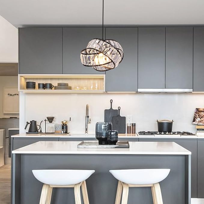 Modern Crystal Chandelier Light Fixure Mid Century Modern Geometric Black Ring Chandelier Vintage Small Crystal Black Chandeliers for Dining Room, Kitchen Island, Bedroom, Foyer