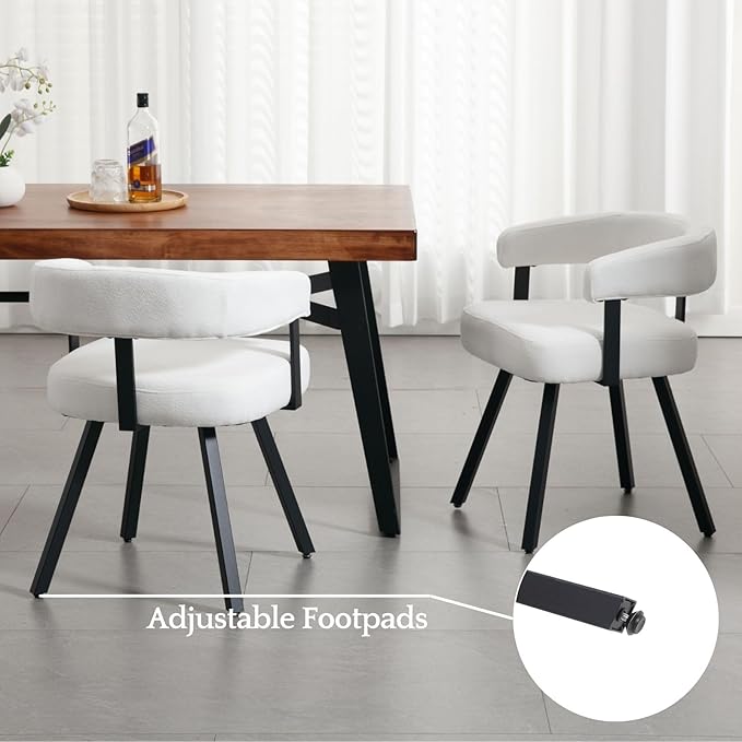 LukeAlon Chenille Dining Chairs Set of 2, Upholstered Armchairs Side Chair with Padded Open Barrel Back Modern Guest Chair with Armrests Black Metal Legs for Kitchen Dining Room, White