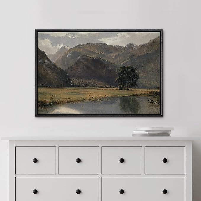 MUDECOR Framed Canvas Print Wall Art Rustic Country Mountain Range Landscape Nature Wilderness Antique Retro Fine Art Shapes Illustrations Decorative Colorful Multicolor for Bedroom - 24"x36" Black