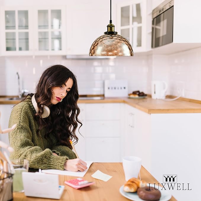 Modern Glass Pendant Light, 9.6"x4.8" Amber Ribbed Globe Light Fixture with Gold Cap, 15"-72" Adjustable Cord, E26 Socket for Dining or Lounge Areas – Sunrise Glow Bell