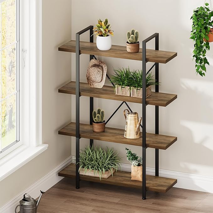 HSH Industrial 4 Tier Bookshelf, Modern Metal and Wood 4 Shelf Bookcase Etagere, Farmhouse Open Wide Display Storage Bookshelves and Bookcases Heavy Duty for Bedroom Living Room Office, Rustic Oak