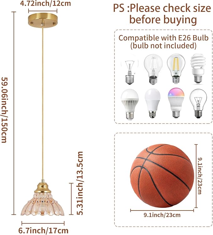 Vintage Pendant Lights Kitchen Island,Gold Pendant Light with Amber Glass Lmapshade,Adjustable Hanging Light Fixture for Dining Room,Mini Chandeliers for Kitchen,Bedroom,Bathroom,Hallway