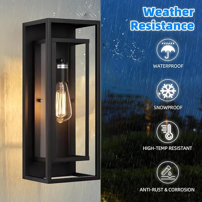 1 Pack 18 inches Outdoor Wall Lantern Light Fixture, Large Black Exterior Waterproof Wall Sconce, Anti-Rust Mount Porch Light with Clear Glass,E26 Socket