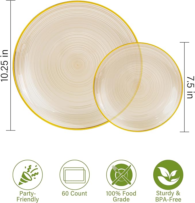 Morejoy 60Pcs Brown Plastic Plates,Brown Disposable Plates With Gold Rim, Gold Party Dinnerware Set Include 30 Dessert plates,30 Dinner plates for Party,Thanksgiving