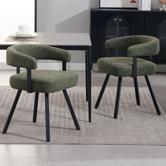 LukeAlon PU Leather Dining Chairs Set of 2, Upholstered Armchair with Padded Barrel Back Modern Guest Chair Side Chairs with Armrests Black Metal Legs for Kitchen Dining Room, Vintage Green