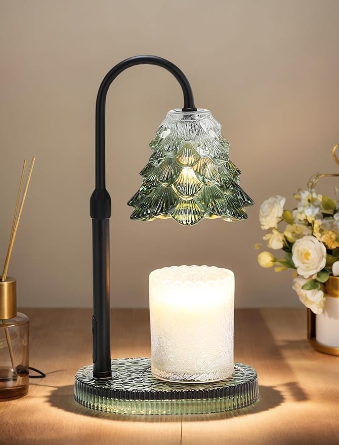 Candle Warmer Lamp with Timer & Dimmer, Crown Glass Lamp Candle Warmer for Jar Candles, 2 Bulbs, Height Adjustable Electric Wax Warmer for Elegant Home Decor (Evergreen Glow)