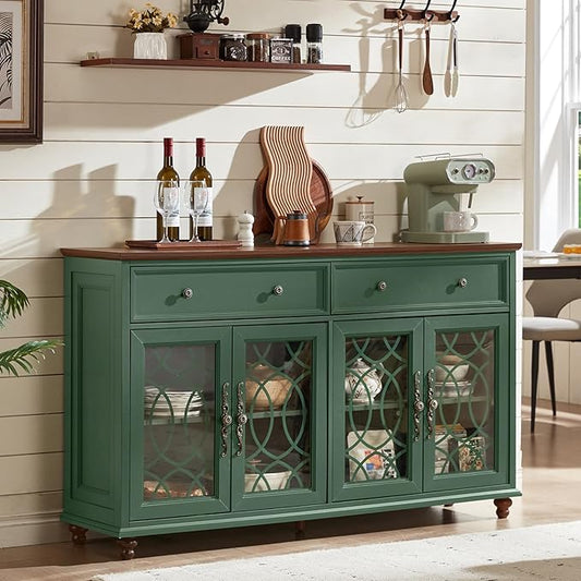 Large Sideboard Buffet Cabinet with Storage,59" Credenza with 4 Glass Doors & 2 Drawers,Adjustable Shelves Coffee Bar,Wood Kitchen Console Table for Dining Room,Living Room,Green