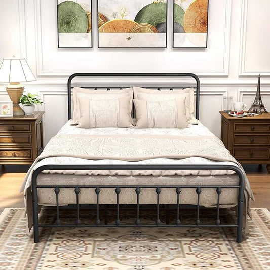 DUMEE Metal Queen Bed Frame with Headboard and Footboard Farmhouse Platform Bed Frame Queen Size Under Bed Storage No Box Spring Needed, Textured Black
