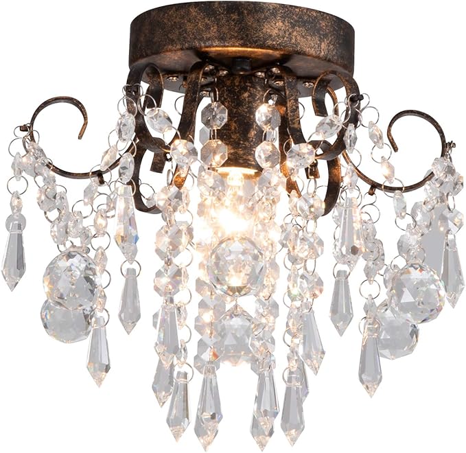 Q&S Small Crystal Ceiling Light Fixture Flush Mount,Black Ceiling Lights Modern Chandelier,Bedroom Hallway Closet Light Fixture,Dia9.5 1 Light.