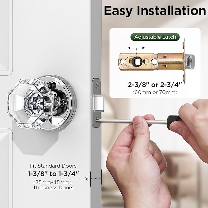 1 Pack Crystal Door Knob, Octagon Shaped Glass Door Knobs Interior with Lock, Polished Chrome Door Knobs Interior Glass