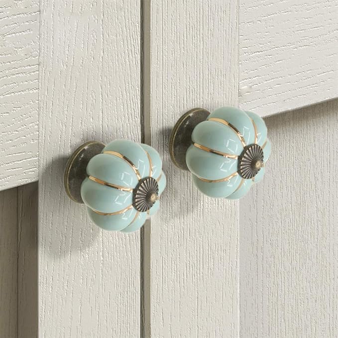 5 Pack Retro Vintage Ceramic Pumpkin Cabinet Knobs, Kitchen Cabinet Drawers Dresser Cupboard Pull Handles Door Pulls with 3 Kinds of Screws (5 Pack, Sky Blue)