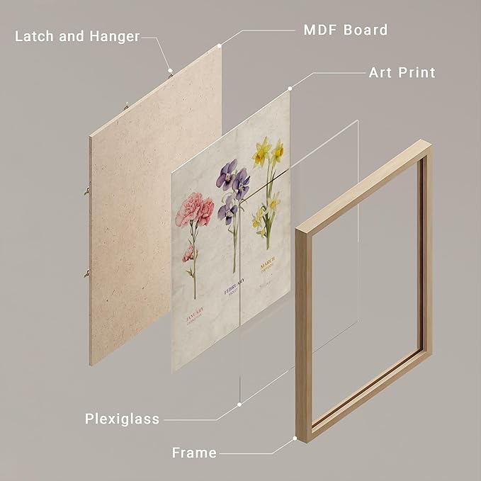SIGNWIN Framed Set Vintage Floral Birth Month Botanical Prints Antique Flower Illustrations Modern Art Decorative Scenic Multicolor Nature Wilderness for Bedroom - 11"x14"x4 Natural