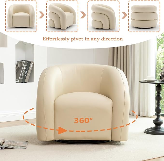 34.6" W Swivel Accent Chair, Modern Round Faux Leather Armchair for Living Room,Upholstered Comfy Sofa Chairs for Bedroom Reading Apartment Lounge,Fully Assembled(Dark Apricot)