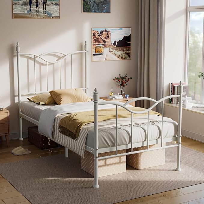 Twin Size Bed Frame with Headboard,14 Inch Tall Metal Platform Bed Frame Mattress Foundation with Footboard, Under Bed Storage, Strong Metal Slats Support, No Box Spring Needed, White
