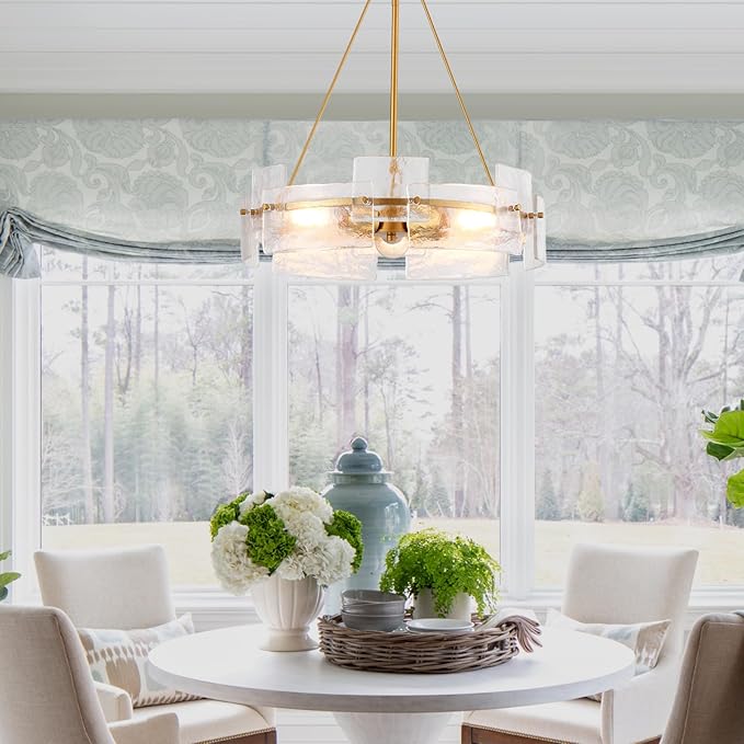 Dia 21 Inch Modern Glass Chandelier for Dining Room, 3-Light Vintage Chandelier for Foyer, Gold Pendant Light for Farmhouse Bedroom Entryway Kitchen