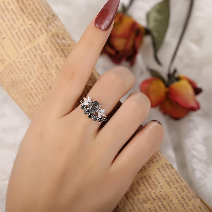 Oval Natural Black Rutilated Quartz Celtic Knot Bridal Wedding Ring Sets with Black Gold or Platinum Plated 925 Sterling Silver, Irish Gothic Engagement Rings and Spinel Trinity Annversary Band Size 4-9