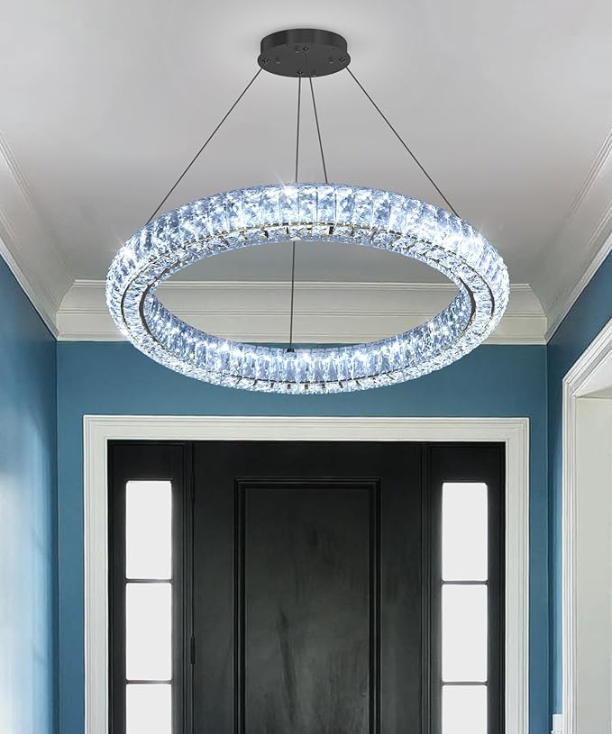 1 Ring Modern Crystal Chandelier Dimmable Ring Pendant Light Round Crystal Chandeliers for Living Room Dining Room Bedroom 23.6'' Black