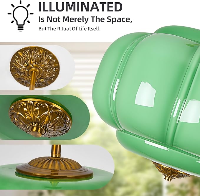 Milk Glass Pendant Light Semi Flush Mount Ceiling Light Antique Brass15 Inch Vintage Chandelier for Kitchen, Dining, Bedroom Green