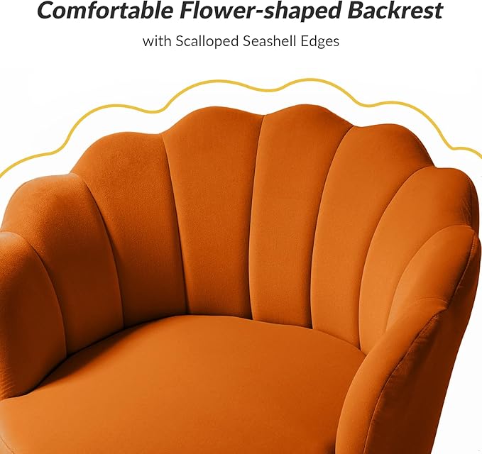HULALA HOME Modern Velvet Accent Chairs Set of 2 with Shell Shaped Back, Cute Living Room Bedroom Armchairs with Gold Legs, Comfy Upholstered Vanity Chairs for Makeup Room, Orange