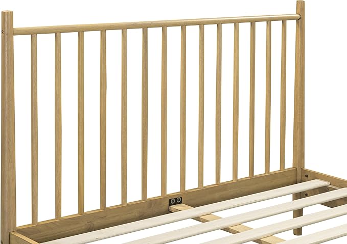 NTC Inno Wooden Bed Frame with Headboard, Solid Oak and Rubber Wood Foundation with Silent Slats and Wood Central Supports, 1000 Lb Capacity, Effortless Assembly, Queen - Sand