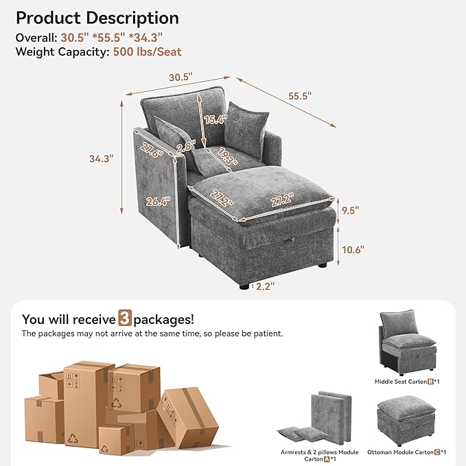 30" Cloud Modular Single Sofa Chair with Storage Ottoman, Modern Upholstered Accent Chair with Storage, Chenille Reading Lounge Armchair for Living Room, Bedroom, Small Space, Light Grey