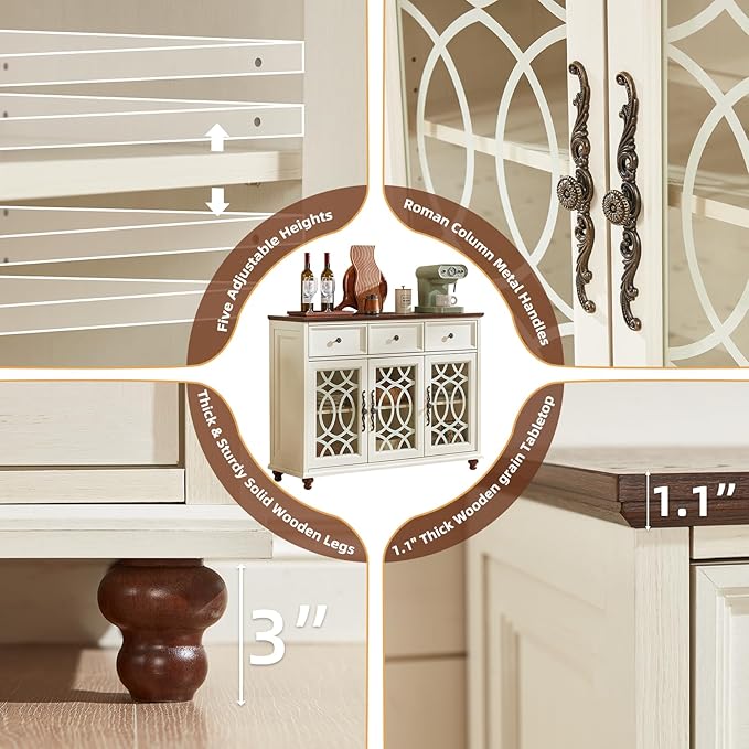 Farmhouse Sideboard Buffet Cabinet Set of 2 with Storage,48" Large Credenza with 3 Glass Doors & 3 Drawers,Adjustable Shelves Console Table,Wood Kitchen Coffee Bar for Dining Room,White