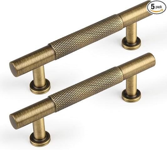 -3 Inch (76mm) Brass Knurled Kitchen Cabinet Handles, 5 Pack Antique Brass Vanity Dresser Drawer Puls, Modern Bathroom Cabinet Furniture Handles Wardrobe Furniture Door Hardware