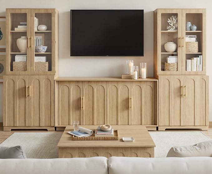 Tall Pantry Cabinet with Glass Doors, 77" Kitchen Storage Cabinets with Arched Doors & Adjustable Shelves, Mid Century Modern Wooden Display Wine Cabinet for Living Room, Dining Room, Oak