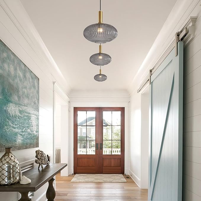 KCO Lighting Mid Century Modern Gold Glass Pendant Lighting Smoke Grey Globe Pendant Lights Kitchen Island Industrial Brass Gold Hanging Ceiling Light Fixture for Dining Room