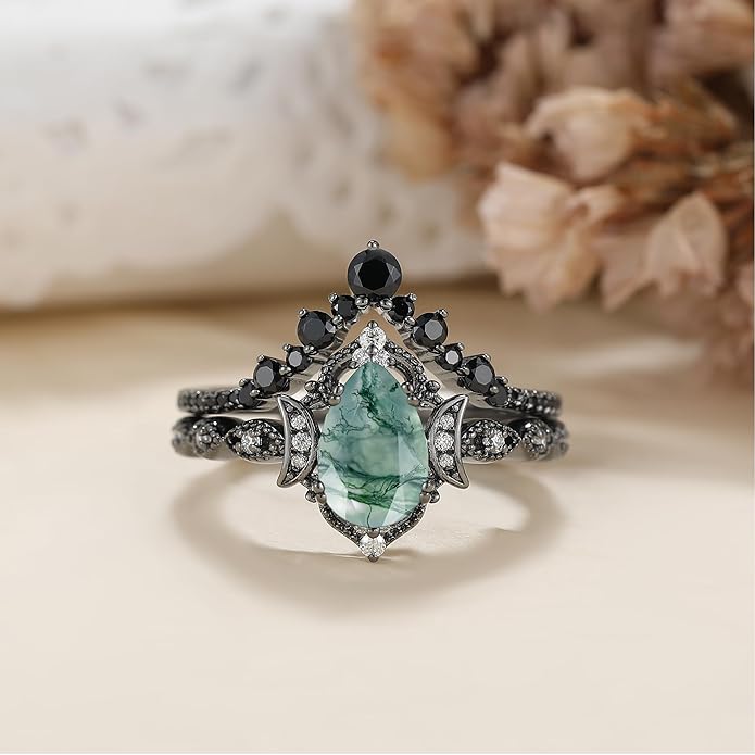 Black Gold Plated Natural Moss Agate Bridal Wedding Ring Sets for Women, 925 Sterling Silver Gothic Vintage Promise Rings and Eternity Black Spinel Band for Her - Boho Art Deco Platinum Plated Engagement Rings Size 4-9
