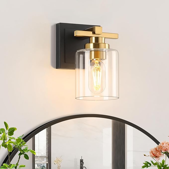 1 Light Modern Bathroom Light Fixtures Over Mirror, Black Gold Vanity Lights for Bathroom Wall Sconces with Clear Glass Shades, E26 Socket (Bulbs Not Included)
