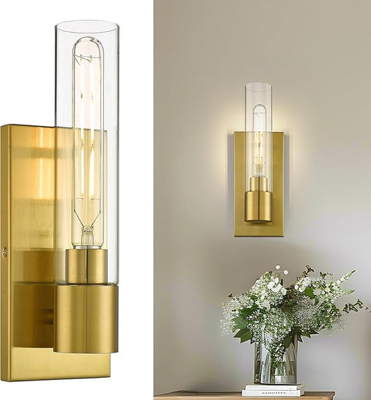 1-Light Bathroom Vanity Light, HWH Modern Sconce Wall Lighting with Cylinder Clear Glass Shade, Vanity Wall Sconce in Brushed Gold Finish for Bedroom Kitchen Powder Room, 5HY104B BG