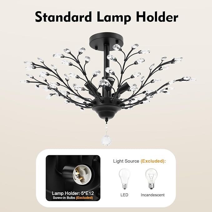 Vintage Crystal Chandeliers,110V Branches Pendant Light,Semi Flush Mount Crystal Pendant Light for lofts,Living Rooms,Entrances